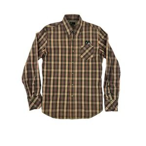 Energie Men Brown Plaid Long Sleeve‎ Green Pearl Snap Sz L